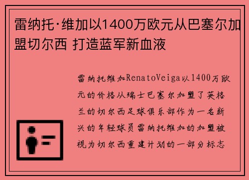 雷纳托·维加以1400万欧元从巴塞尔加盟切尔西 打造蓝军新血液