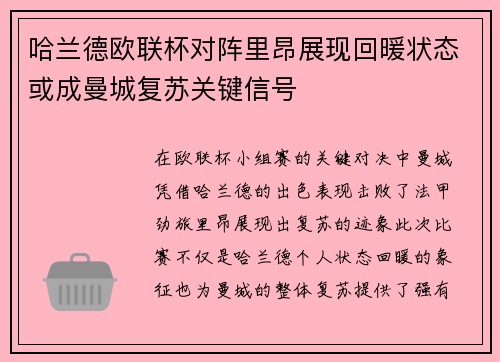 哈兰德欧联杯对阵里昂展现回暖状态或成曼城复苏关键信号 哈兰德欧联杯对阵里昂展现回暖状态或成曼城复苏关键信号