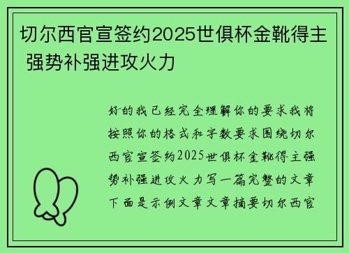 切尔西官宣签约2025世俱杯金靴得主 强势补强进攻火力